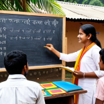 **A literacy teacher enthusiastically teaching Bengali to adult learners in a rural setting, using traditional learning materials like a blackboard and colorful charts.**