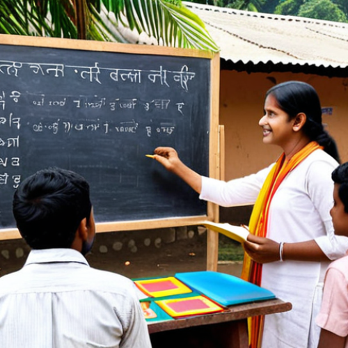 Home 15 **A literacy teacher enthusiastically teaching Bengali to adult learners in a rural setting, using traditional learning materials like a blackboard and colorful charts.**