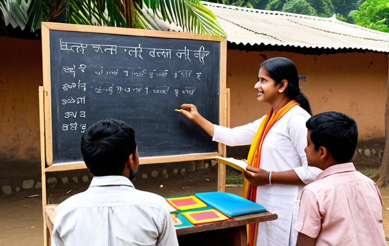**A literacy teacher enthusiastically teaching Bengali to adult learners in a rural setting, using traditional learning materials like a blackboard and colorful charts.**