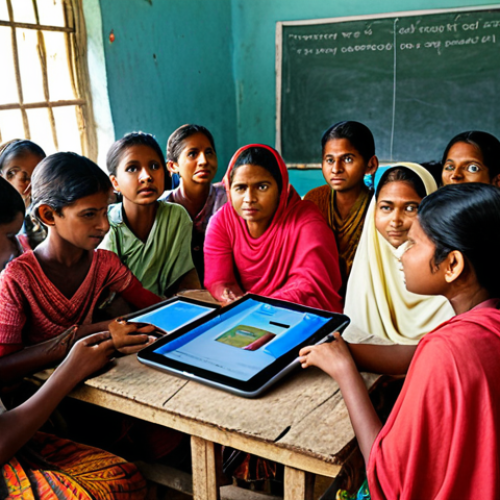 Home 14 A vibrant scene of a rural classroom in Bangladesh. Villagers are gathered around a teacher who is using a tablet to teach, showcasing digital education in a Grameen setting. The image should convey empowerment and access to knowledge, with bright and hopeful lighting.