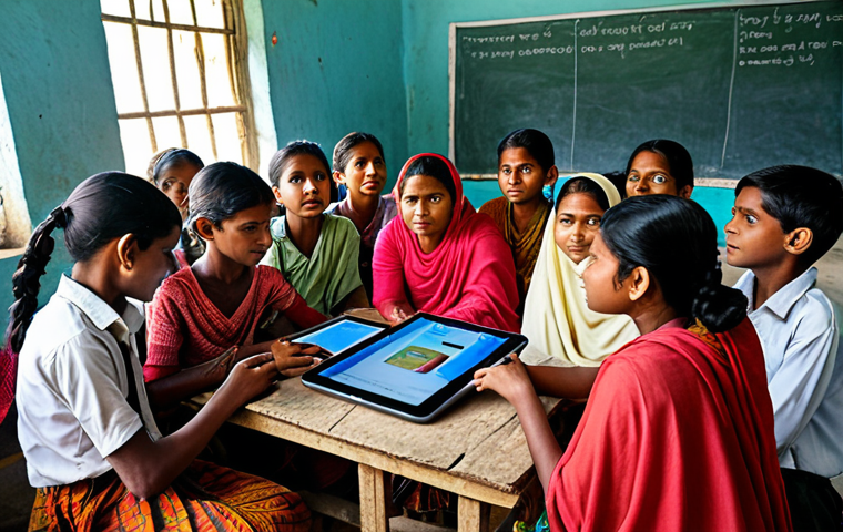 A vibrant scene of a rural classroom in Bangladesh. Villagers are gathered around a teacher who is using a tablet to teach, showcasing digital education in a Grameen setting. The image should convey empowerment and access to knowledge, with bright and hopeful lighting.