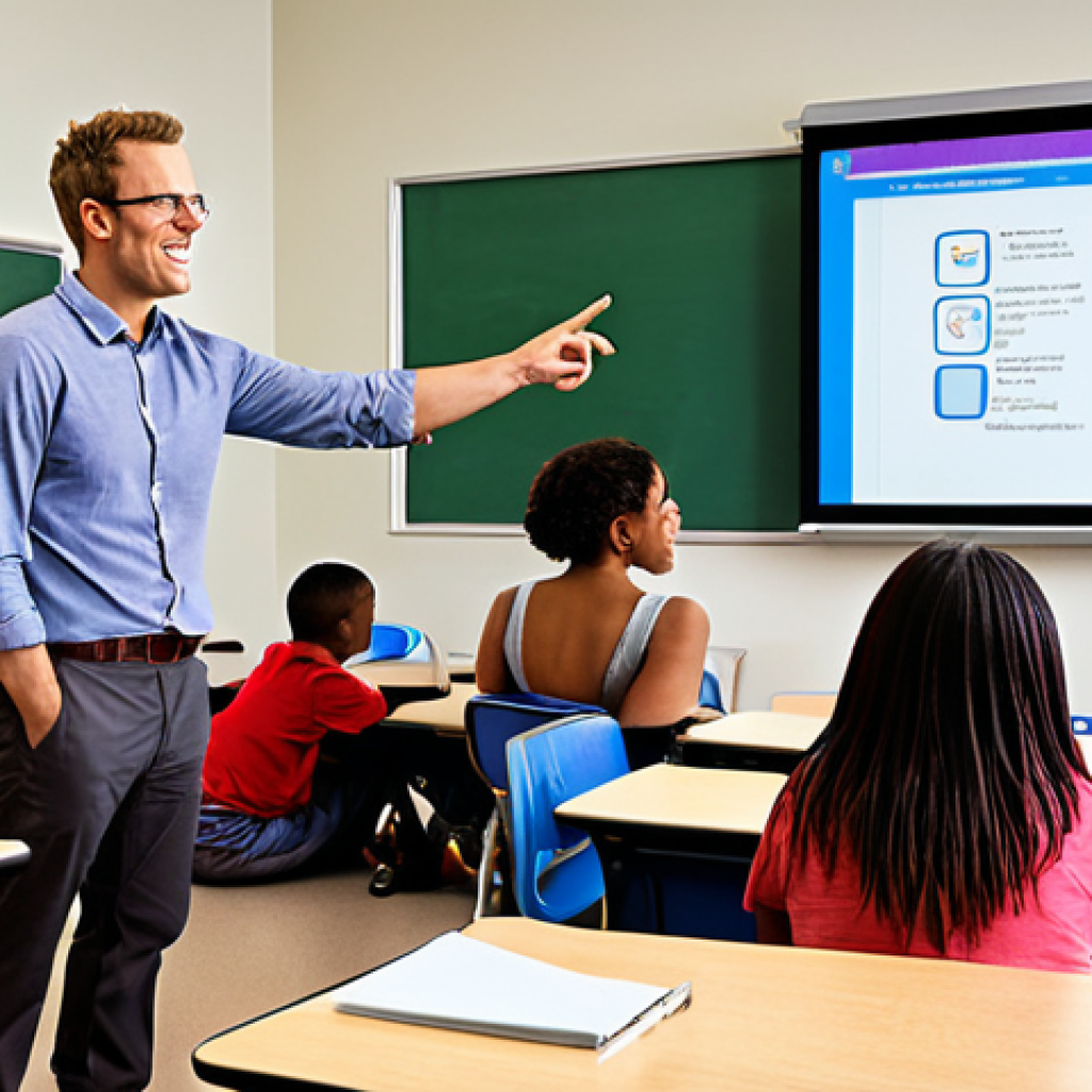 A dynamic and modern classroom scene where an enthusiastic teacher stands confidently by an interactive smart board, leading a captivating lesson. Students of diverse backgrounds are actively engaged, some collaborating in groups, others utilizing tablets. The image should convey how technology empowers the teacher, making learning more interactive, innovative, and visually stimulating, showcasing a forward-thinking educational environment.