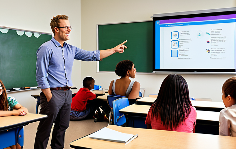 A dynamic and modern classroom scene where an enthusiastic teacher stands confidently by an interactive smart board, leading a captivating lesson. Students of diverse backgrounds are actively engaged, some collaborating in groups, others utilizing tablets. The image should convey how technology empowers the teacher, making learning more interactive, innovative, and visually stimulating, showcasing a forward-thinking educational environment.