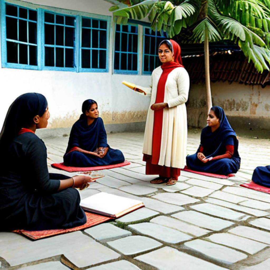 **
A rural scene depicting a fully clothed female literacy instructor (teacher) in modest attire, outdoors, teaching a small group of women also in modest, traditional Bengali clothing. The setting is a village courtyard with simple homes in the background. Focus on the expressions of empowerment and hope. Include slates or notebooks. Safe for work, appropriate content, professional, modest, family-friendly, perfect anatomy, correct proportions, natural pose, well-formed hands, proper finger count, natural body proportions.
**