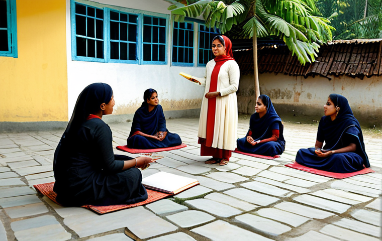 **
A rural scene depicting a fully clothed female literacy instructor (teacher) in modest attire, outdoors, teaching a small group of women also in modest, traditional Bengali clothing. The setting is a village courtyard with simple homes in the background. Focus on the expressions of empowerment and hope. Include slates or notebooks. Safe for work, appropriate content, professional, modest, family-friendly, perfect anatomy, correct proportions, natural pose, well-formed hands, proper finger count, natural body proportions.
**