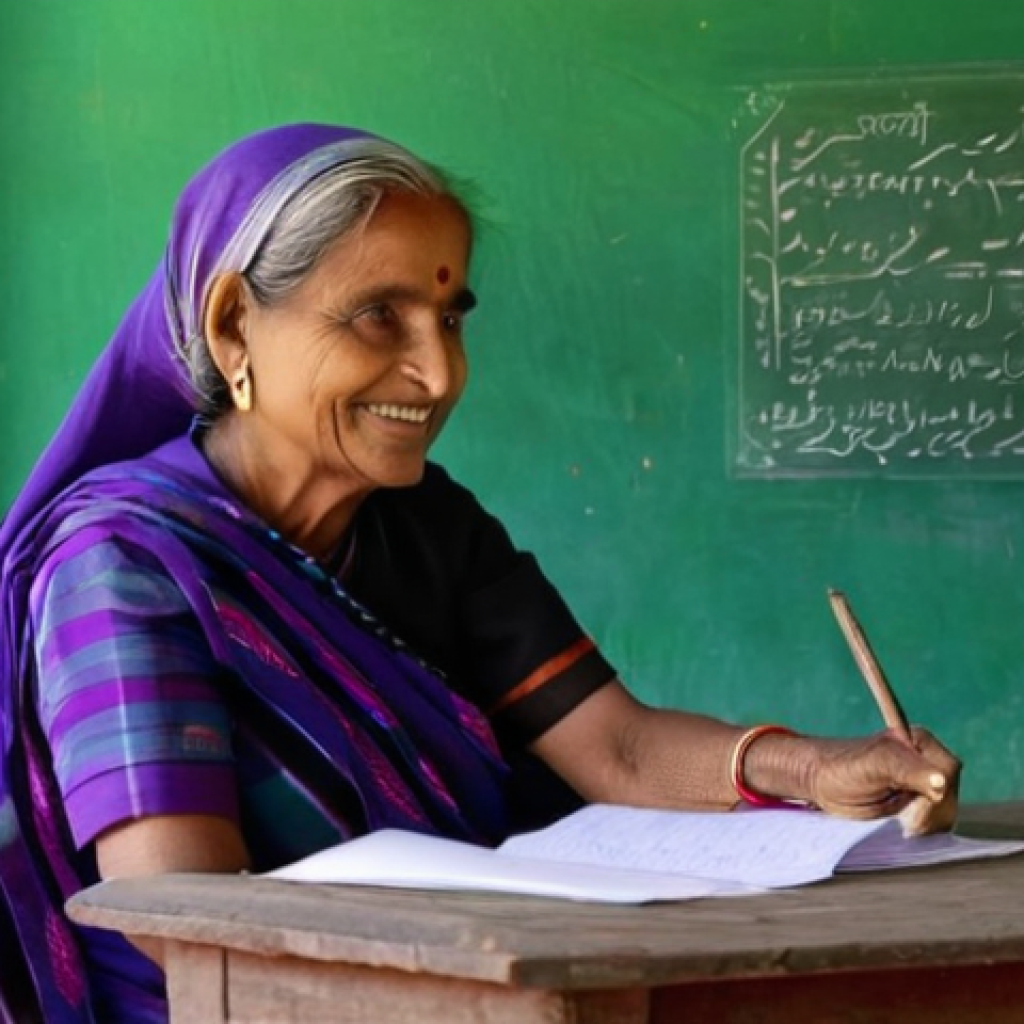 문해교육사로서의 커뮤니티 기여 - **A Moment of Triumph in Literacy:**
    An elderly Bengali woman, dressed in a modest, brightly col...