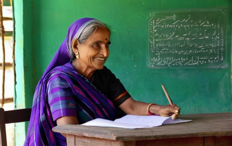 문해교육사로서의 커뮤니티 기여 - **A Moment of Triumph in Literacy:**
An elderly Bengali woman, dressed in a modest, brightly col...