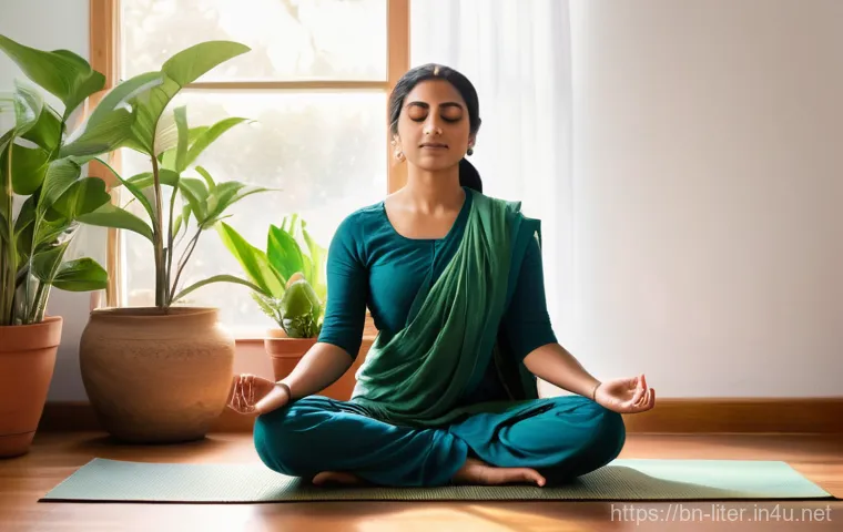 문해교육사와 직무 스트레스 해소법 - **A Teacher's Peaceful Self-Care Moment**
A serene 30-year-old South Asian female literacy teach...