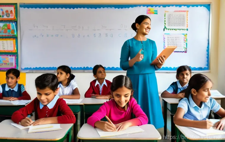 문해교육사와 언어학의 관계 - **Prompt:** A diverse group of elementary school children, aged 6-8, are seated in a bright, invitin...