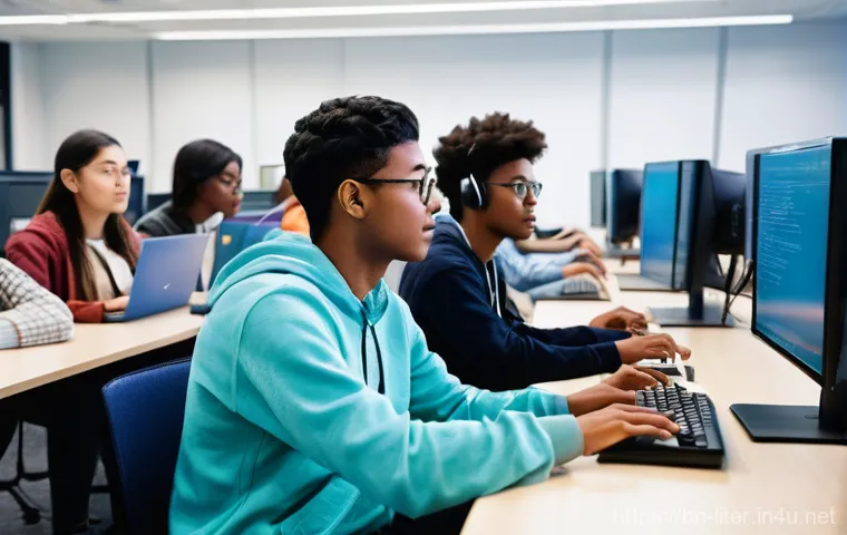 문해교육사와 언어학의 관계 - **Prompt:** In a vibrant, modern high school library, a small group of teenagers, aged 15-16, are co... 문해교육사와 언어학의 관계 - **Prompt:** In a vibrant, modern high school library, a small group of teenagers, aged 15-16, are co...