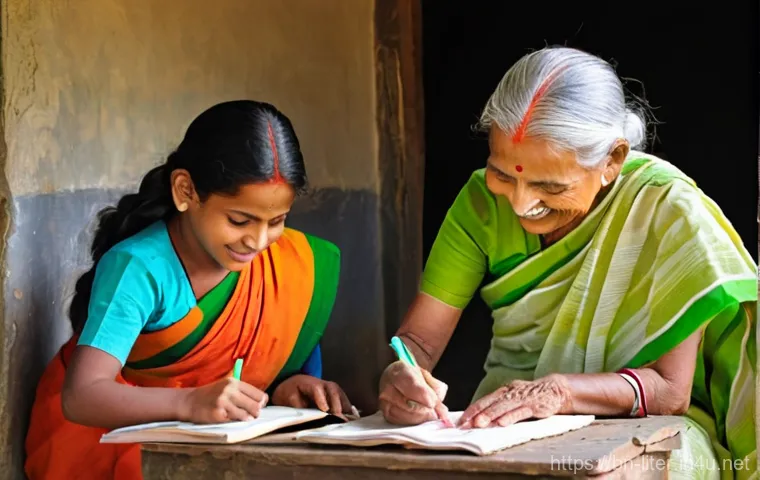 문해교육사와 직업 만족도 연구 분석 - **Prompt 1: The Joy of First Words**
"A heartwarming and bright scene set in a serene, open-air ...
