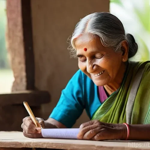 Home 27 문해교육사와 필수 학습 관리 도구 - **Prompt:** A warm, inviting image of an elderly Bengali woman, gracefully dressed in a modest, trad...