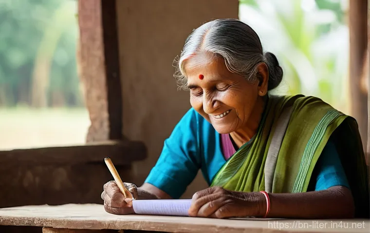문해교육사와 필수 학습 관리 도구 - **Prompt:** A warm, inviting image of an elderly Bengali woman, gracefully dressed in a modest, trad...