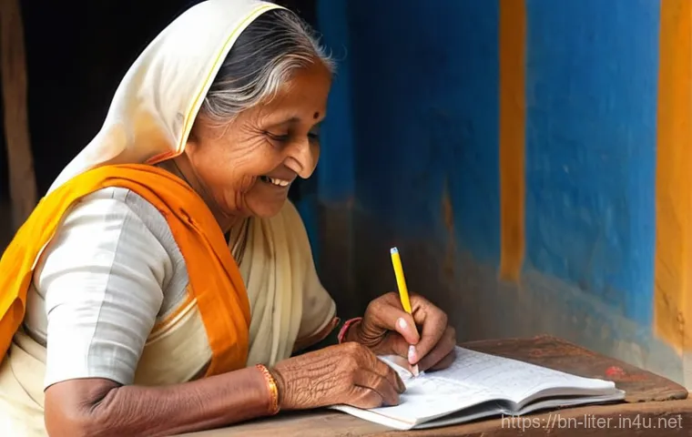 문해교육사와 성인 교육 철학 - **Prompt:** A heartwarming scene in a modest, sun-drenched rural Bengali community center. An elderl...