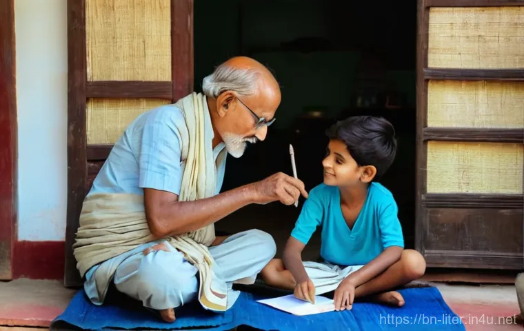 문해교육사와 성인 교육 철학 - **Prompt:** A heartwarming scene in a modest, sun-drenched rural Bengali community center. An elderl... 문해교육사와 성인 교육 철학 - **Prompt:** A heartwarming scene in a modest, sun-drenched rural Bengali community center. An elderl...